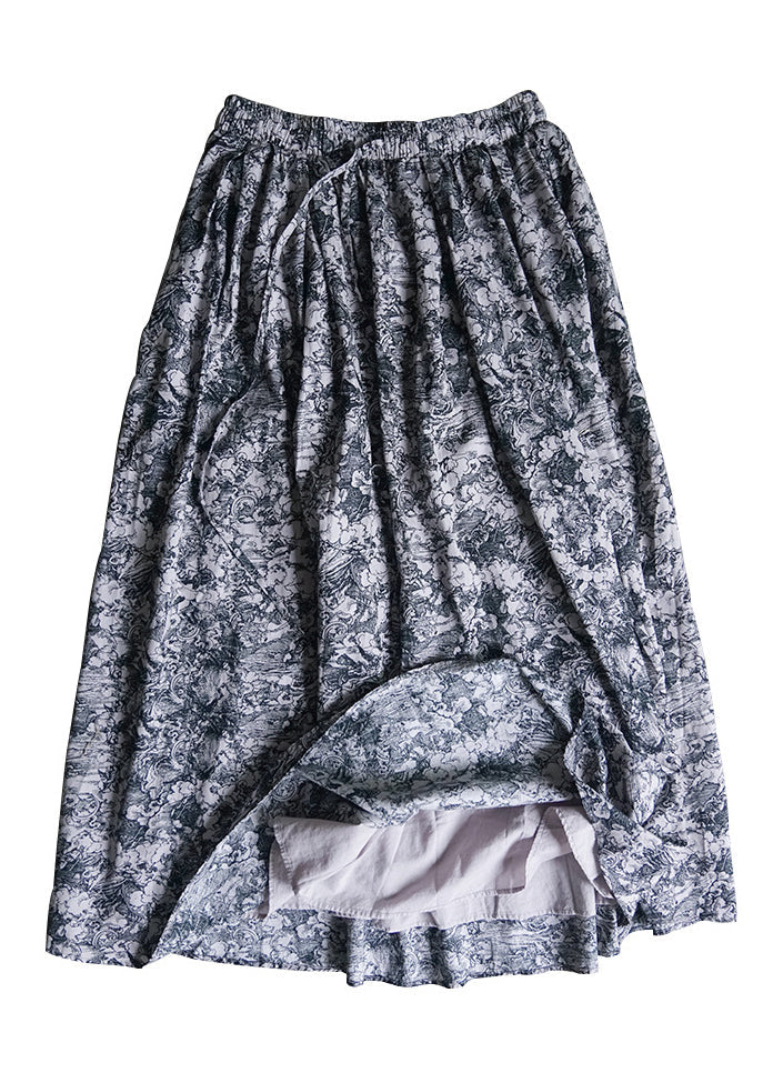 Grey Elastic Waist Drawstring Print Cotton Skirts Spring