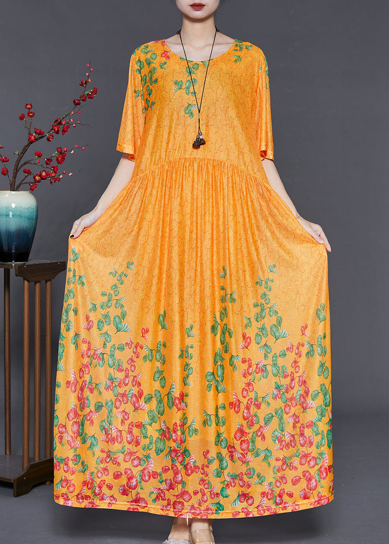 Diy Yellow Print Exra Large Hem Silk Long Dress Summer