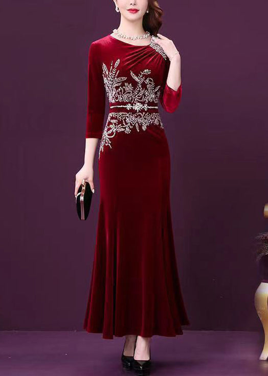 Wine Red Zircon Patchwork Silk Velour Fishtail Skirt Dress Half Sleeve