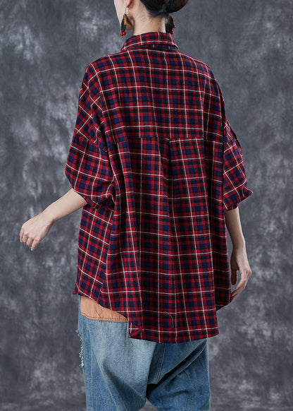 Red Oversized Plaid Cotton Shirt Tops Fall