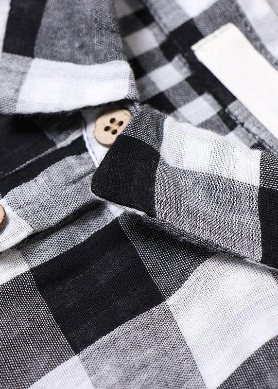 Black White Plaid Peterpan Collar Pockets Button Fall Patchwork Cotton Dresses