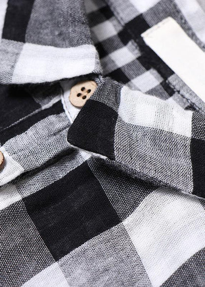 Black White Plaid Peterpan Collar Pockets Button Fall Patchwork Cotton Dresses