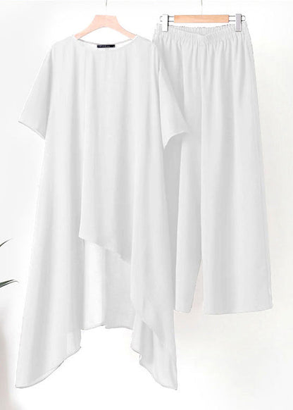 White Asymmetrical Top and Wide Leg Pants Two Pieces Set Short Sleeve