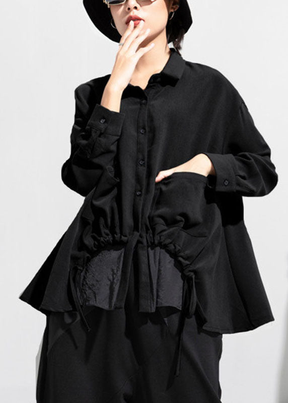 Black Black Button Asymmetrical Design Fall Long Sleeve Coat