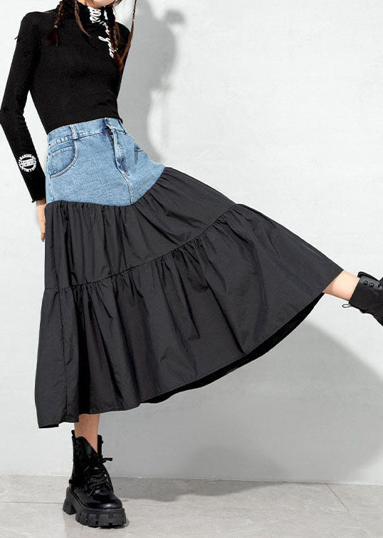 Loose Black Denim Patchwork Skirt Spring