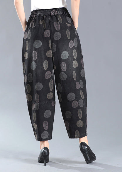 Black Print Pockets Elastic Waist Lantern Denim Pants Fall