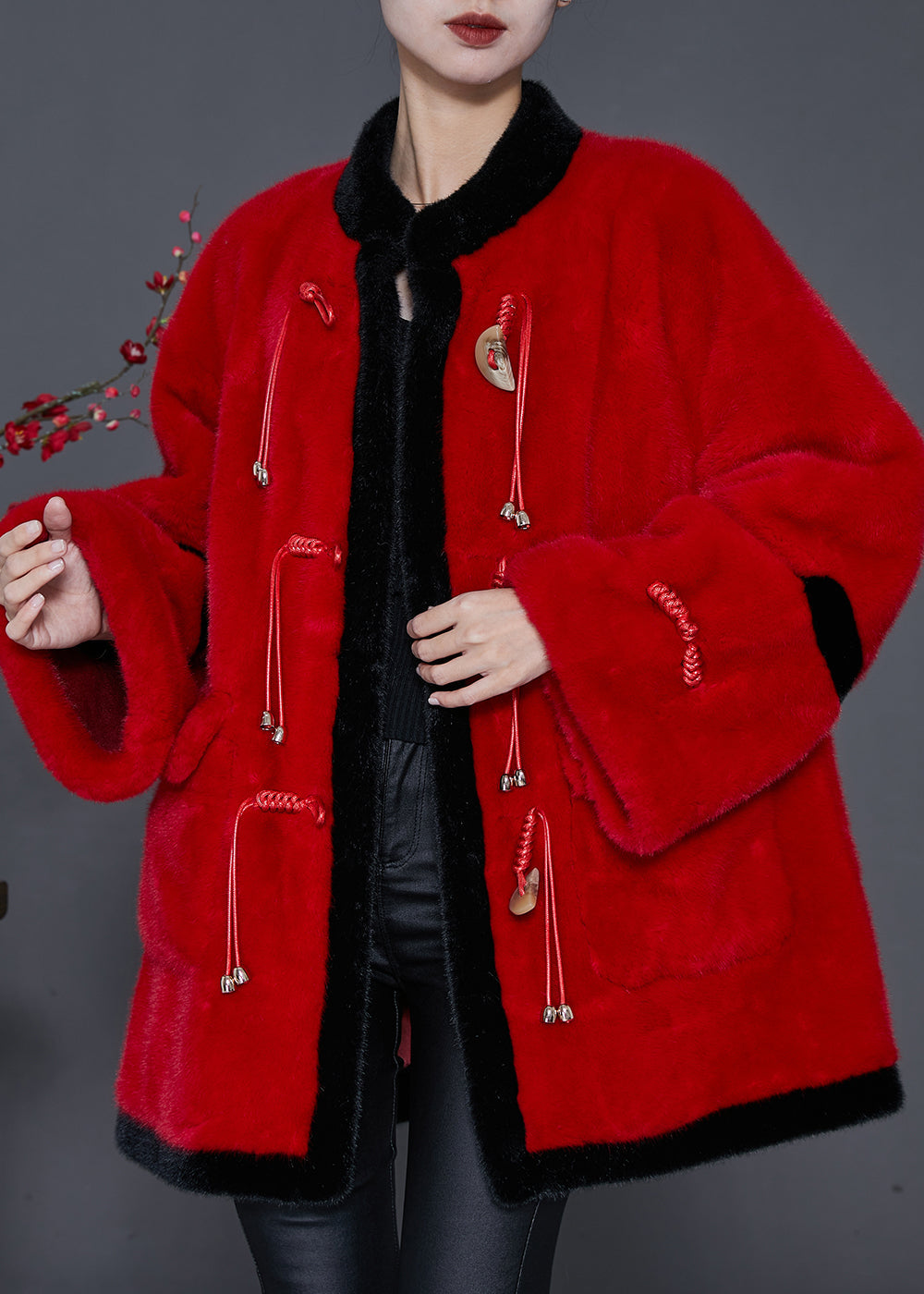 Red Tasseled Patchwork Mink Velvet Coats Spring