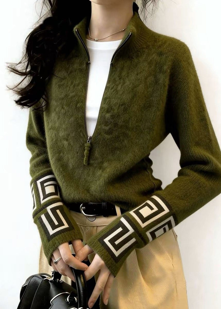 Fine Tea Green Zip Up Print Knit Sweater Tops Winter
