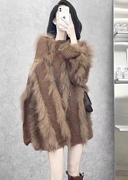 Brown O Neck Fox Hair Patchwork Knit Sweaters Winter