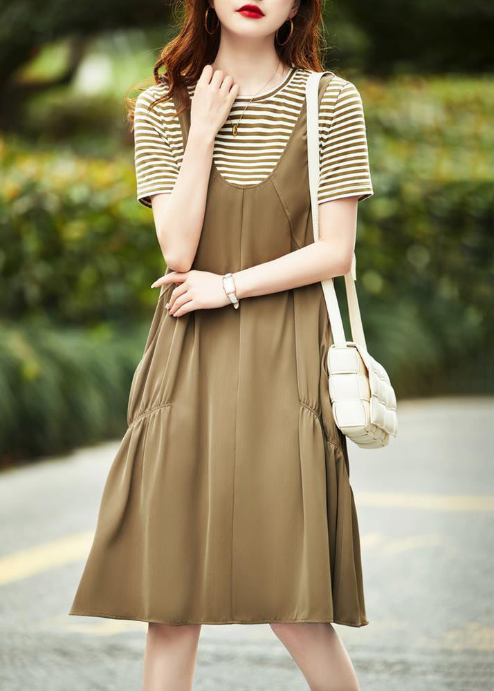 Khaki O Neck Pockets Patchwork Cotton Dresses Summer