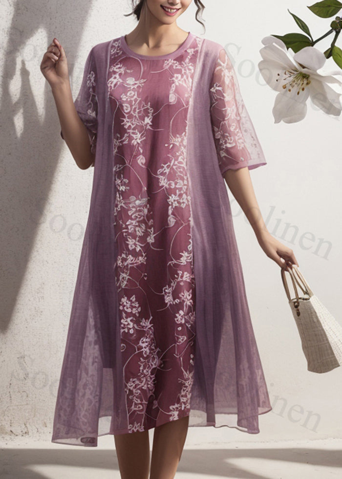 French Purple Print Patchwork Silk Holiday Dress Summer