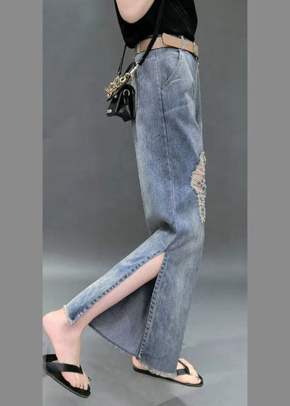 Denim Blue High Waist Hole Pockets Side Open Cotton Straight Pants Summer