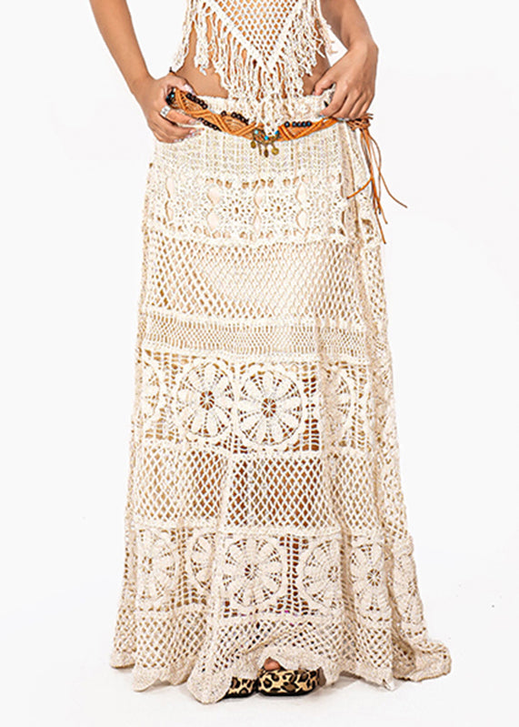 Simple Beige High Waist Hollow Out Knit Maxi Skirts
