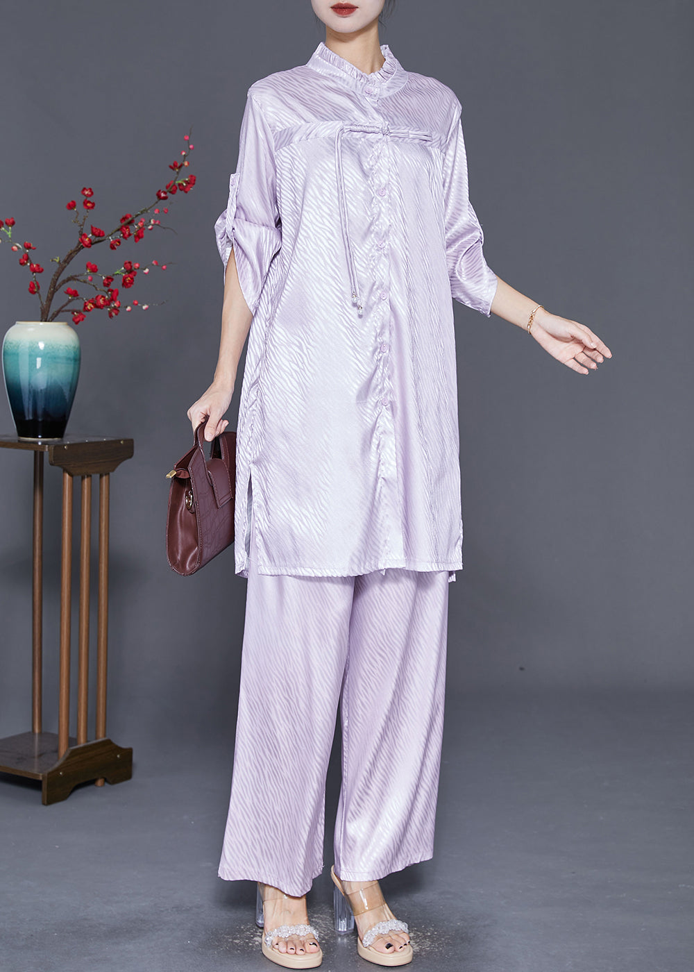 Light Purple Ruffled Tasseled Silk Two Pieces Set Fall