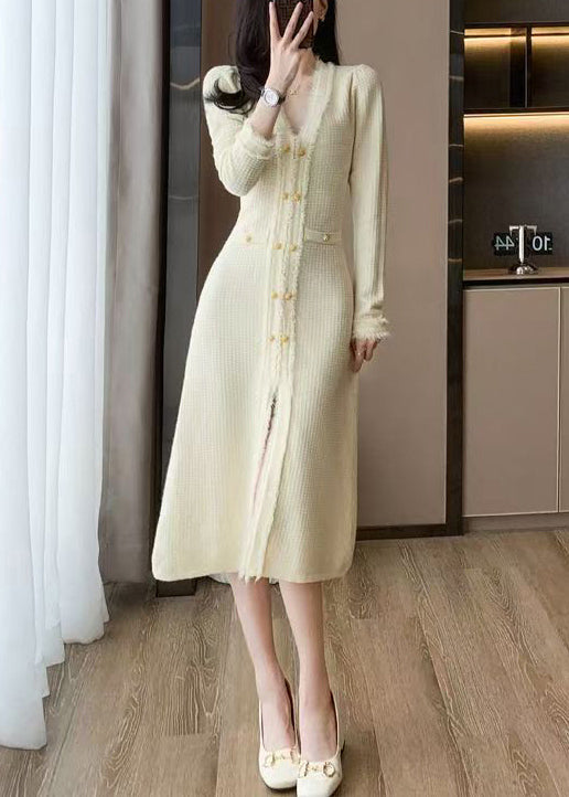 Apricot V Neck Knit Sweater Dress Winter