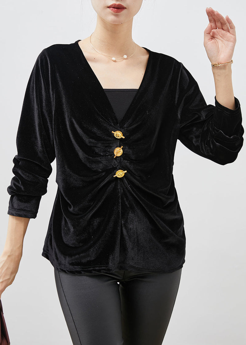 Black V Neck Wrinkled Silk Velour Blouse Tops Spring