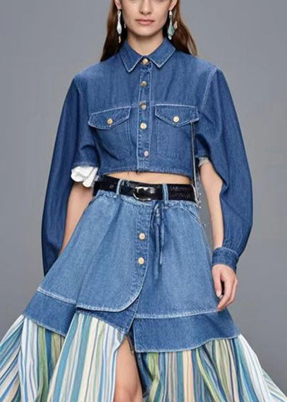 Blue Side Open Patchwork Striped Denim Skirt Spring