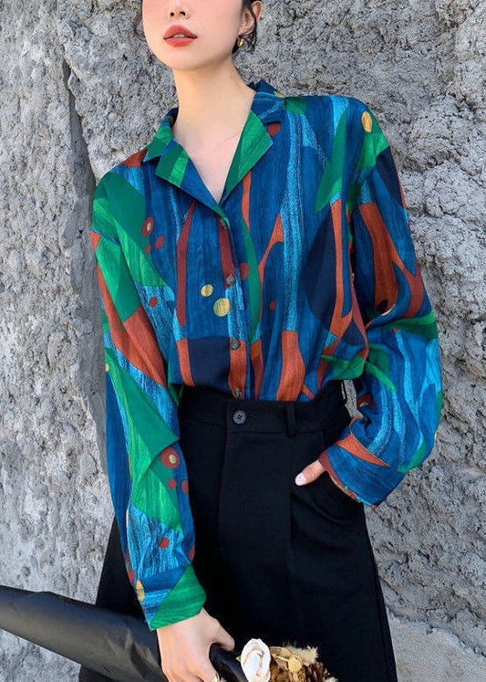 Blue Peter Pan Collar Print Button Cotton Blouses Fall