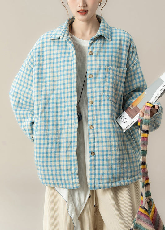 Blue Peter Pan Collar Plaid Cotton Filled Shirts Coats Winter