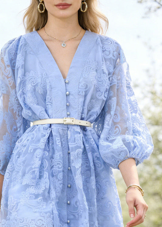 Blue Embroidered Sashes Cotton Mini Dresses Lantern Sleeve