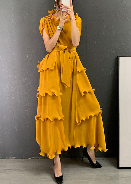 Yellow O-neck Ruffled Tie Waist Long Dresses Short Sleeve