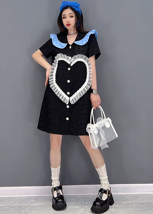 Black Peter Pan Collar Love Tulle Patchwork Shirt Dress Short Sleeve