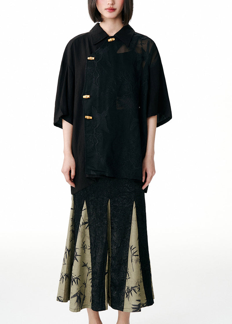Black Peter Pan Collar Embroideried Patchwork Tulle Blouses Fall