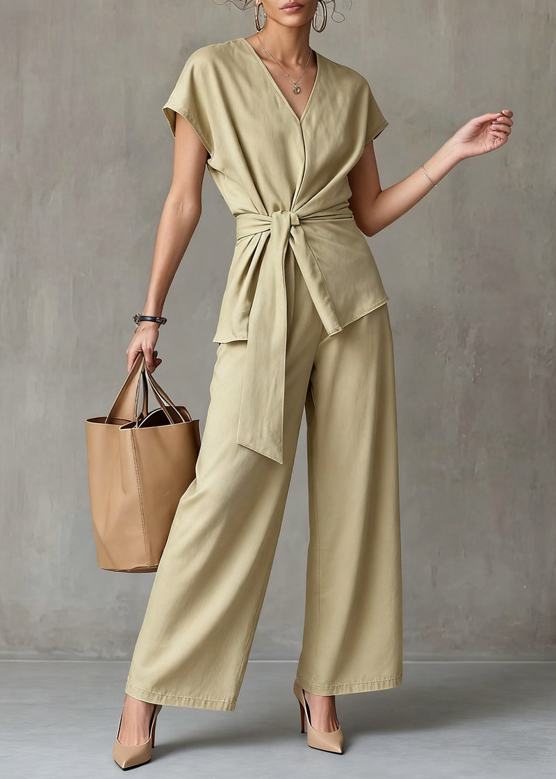 New Yellow V Neck Tie Waist Tops and Wide Leg Pants Linen Two Pieces Set Summer