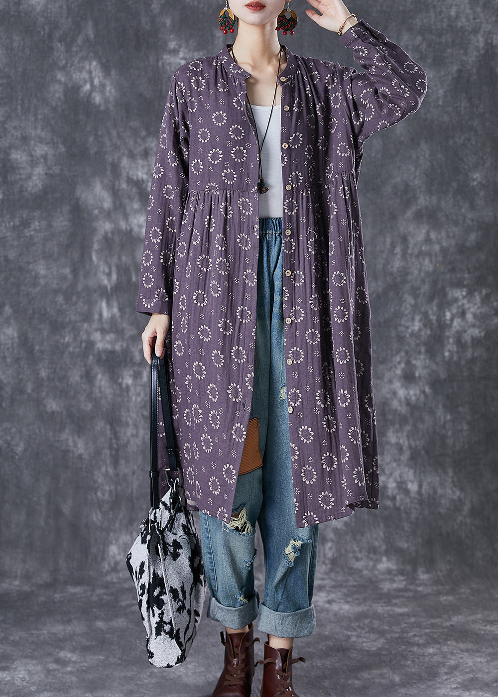 Purple Print Button Down Cotton Dresses Fall