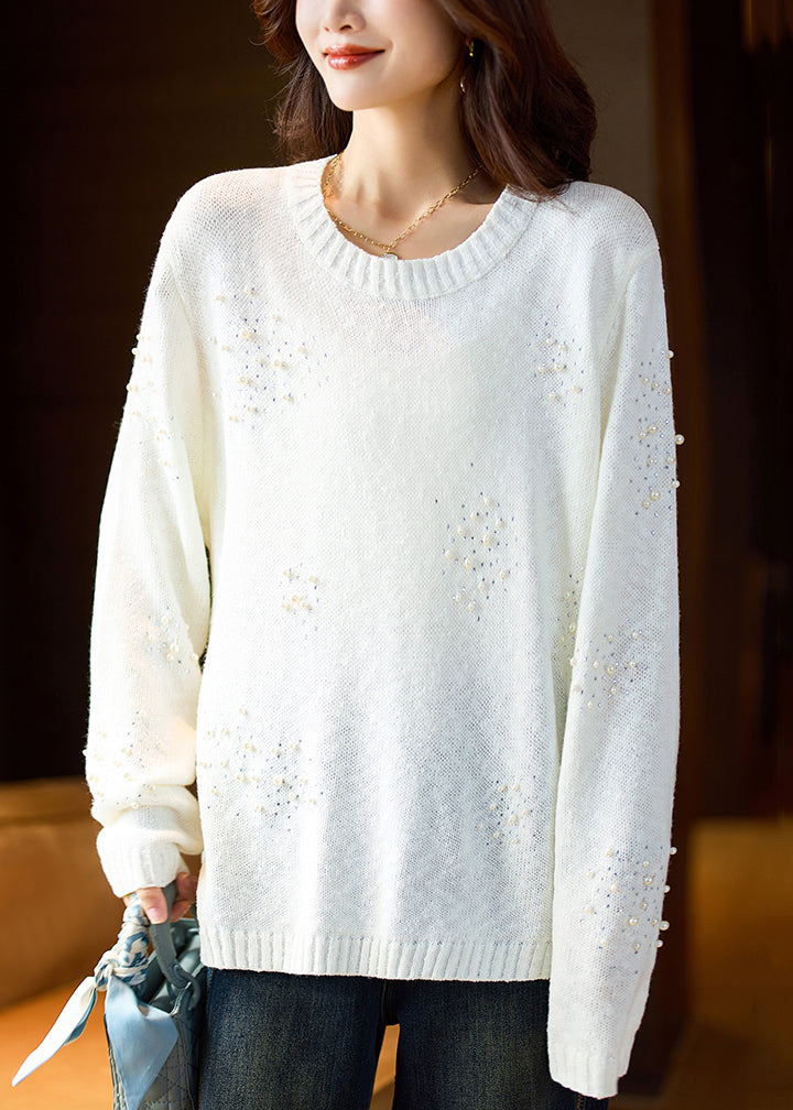 White O Neck Pearl Zircon Knit Sweater Spring