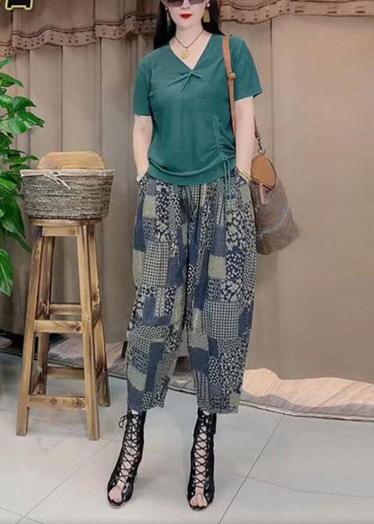Simple V Neck Drawstring Cotton Tank Tops and Harem Pants Two Pieces Set Summer