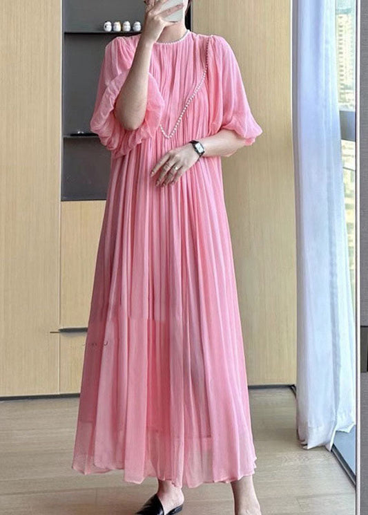 Pink O-neck Wrinkled Nail Bead Long Traveling Dresses Spring