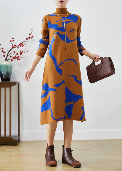 Camel High Neck Print Knit Dress Fall