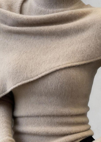 Silm Fit Khaki High Neck Shawl Knit Sweaters Spring