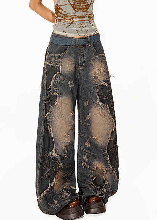Denim Blue Pockets High Waist Ripped Jeans Fall