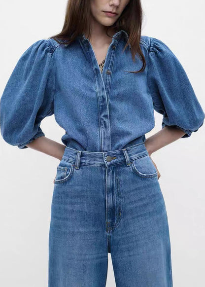 Denim Blue Button Shirts and Pants Two Pieces Set Half Sleeve