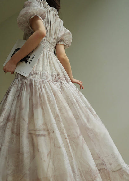 Ruffled Print Lace Up Silk Long Dress Summer