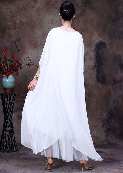 White O-neck Asymmetrical Design Chiffon Cloak Dress Batwing Sleeve