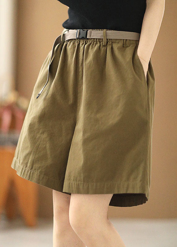 Army Green Elastic Waist Pockets Sashes Cotton Wide Leg Shorts Summer