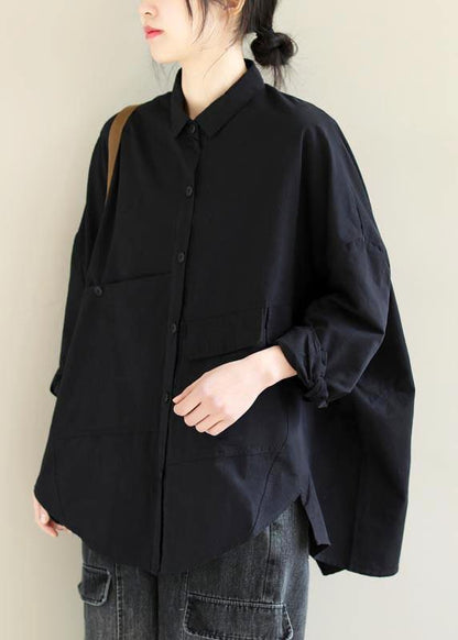 Unique Lapel Asymmetric Blouse Sewing Black Shirt