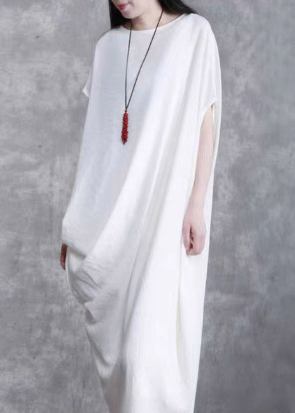 White O-neck Asymmetrical Wrinkled Linen Dress Short Sleeve