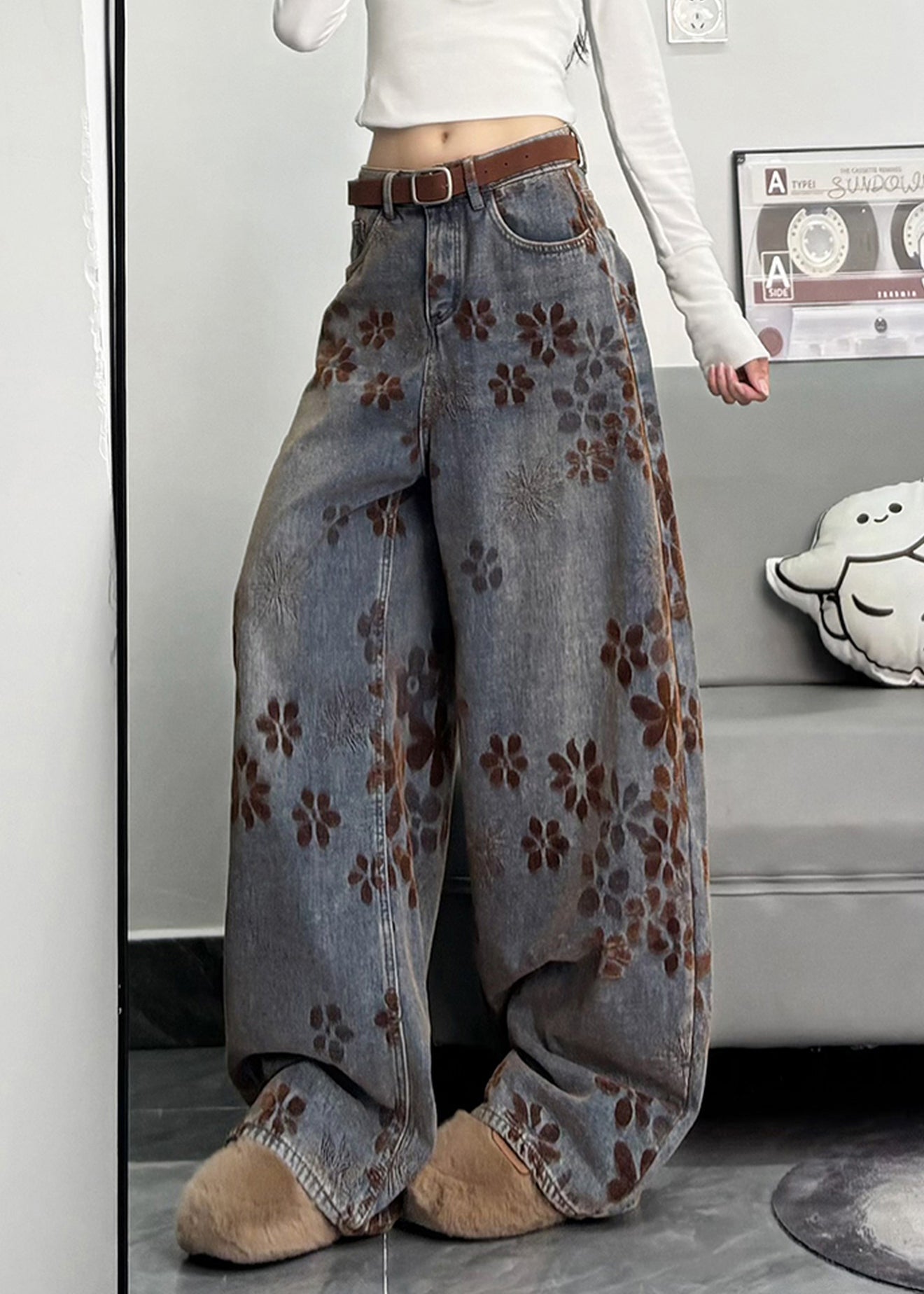 Navy Oversized Print Denim Pants Spring