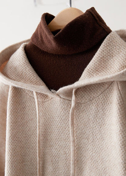 Beige Hooded Drawstring Knit Sweatshirts Top Spring