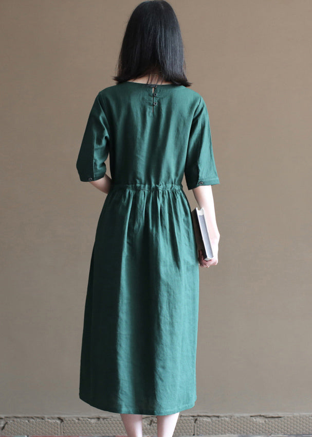 Loose Blackish Green Drawstring Ruffled Cotton Linen Vacation Dress Half Sleeve