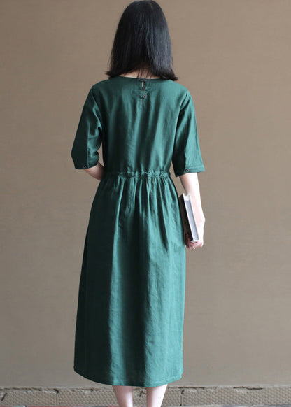Loose Blackish Green Drawstring Ruffled Cotton Linen Vacation Dress Half Sleeve