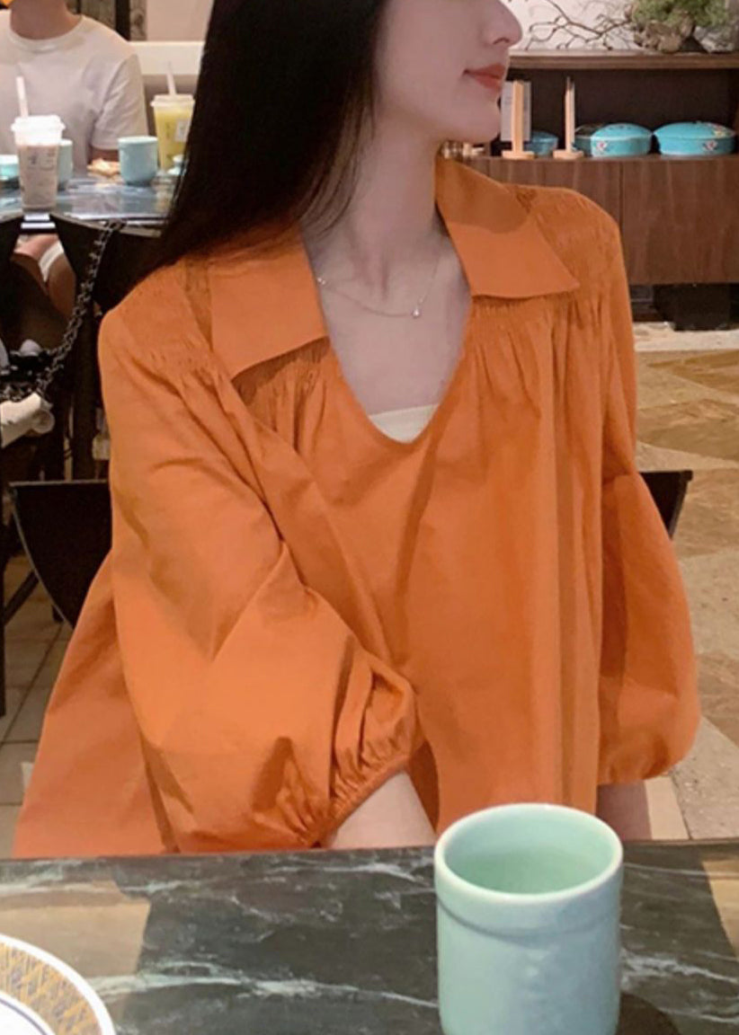 Simple Orange Peter Pan Collar Wrinkled Cotton Shirts Dress Bracelet Sleeve