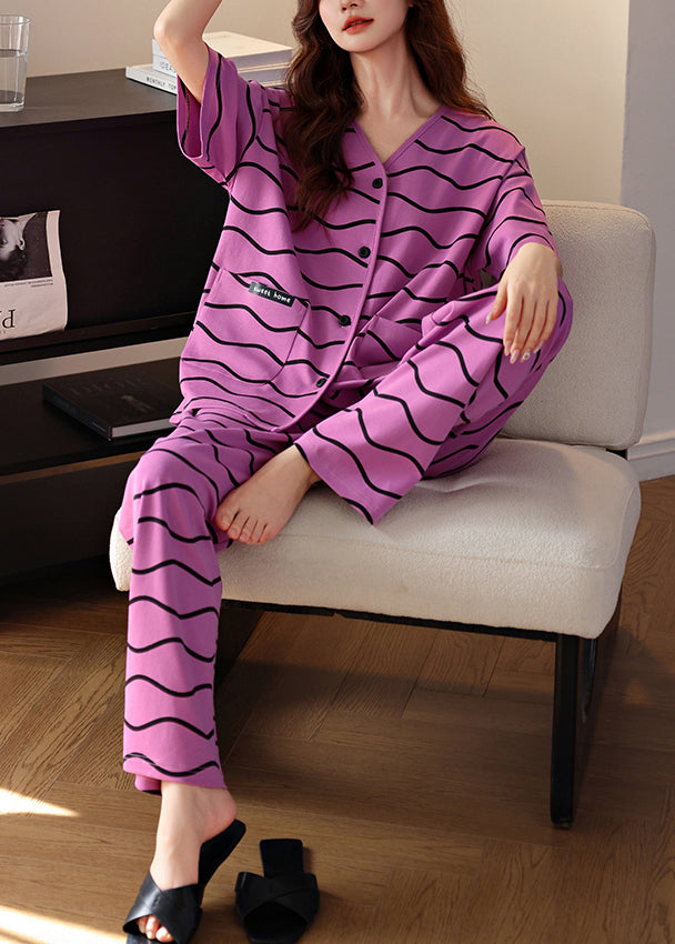 Purple V Neck Striped Pockets Cotton Pajamas Two Pieces Set Summer