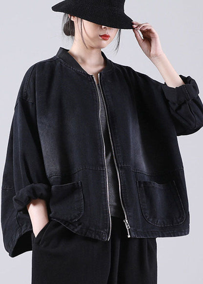 Loose Black Zippered Pockets Patchwork Fall Denim Long Sleeve Coat