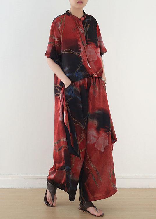 Classy Red Print Chiffon Short Sleeve Top Pant Two Pieces Set