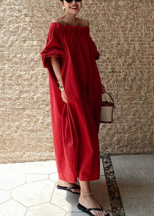 Simple Red Slash Neck Ruffled Cotton Long Dresses Summer